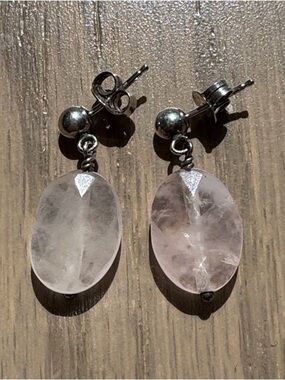 Sterling Silver & Pink Rose Quartz Drop Stud Earrings